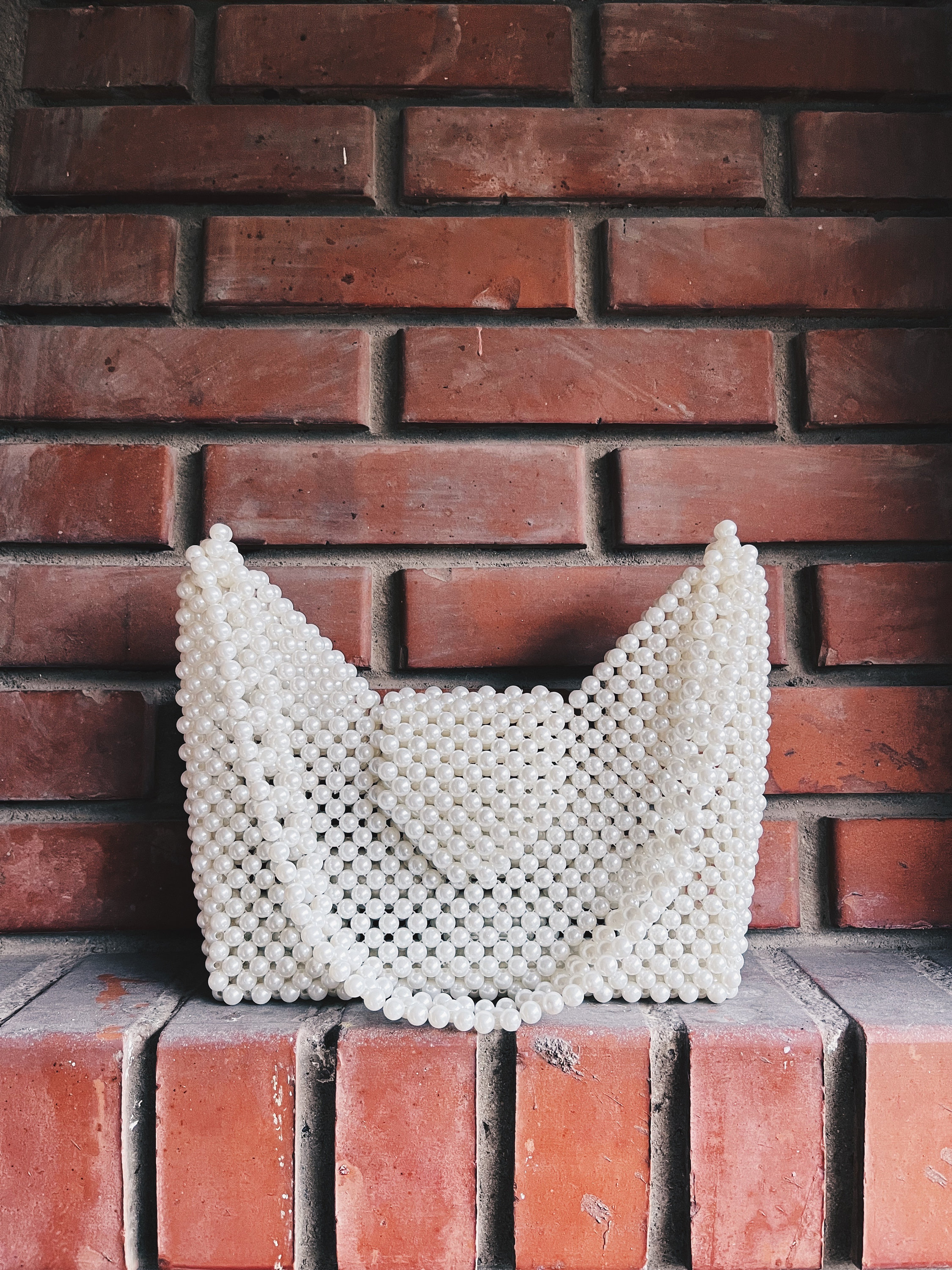 White Pearl Beaded Shoulder Bag with V-Top Silhouette, Approx. 9.1" x 7.1"