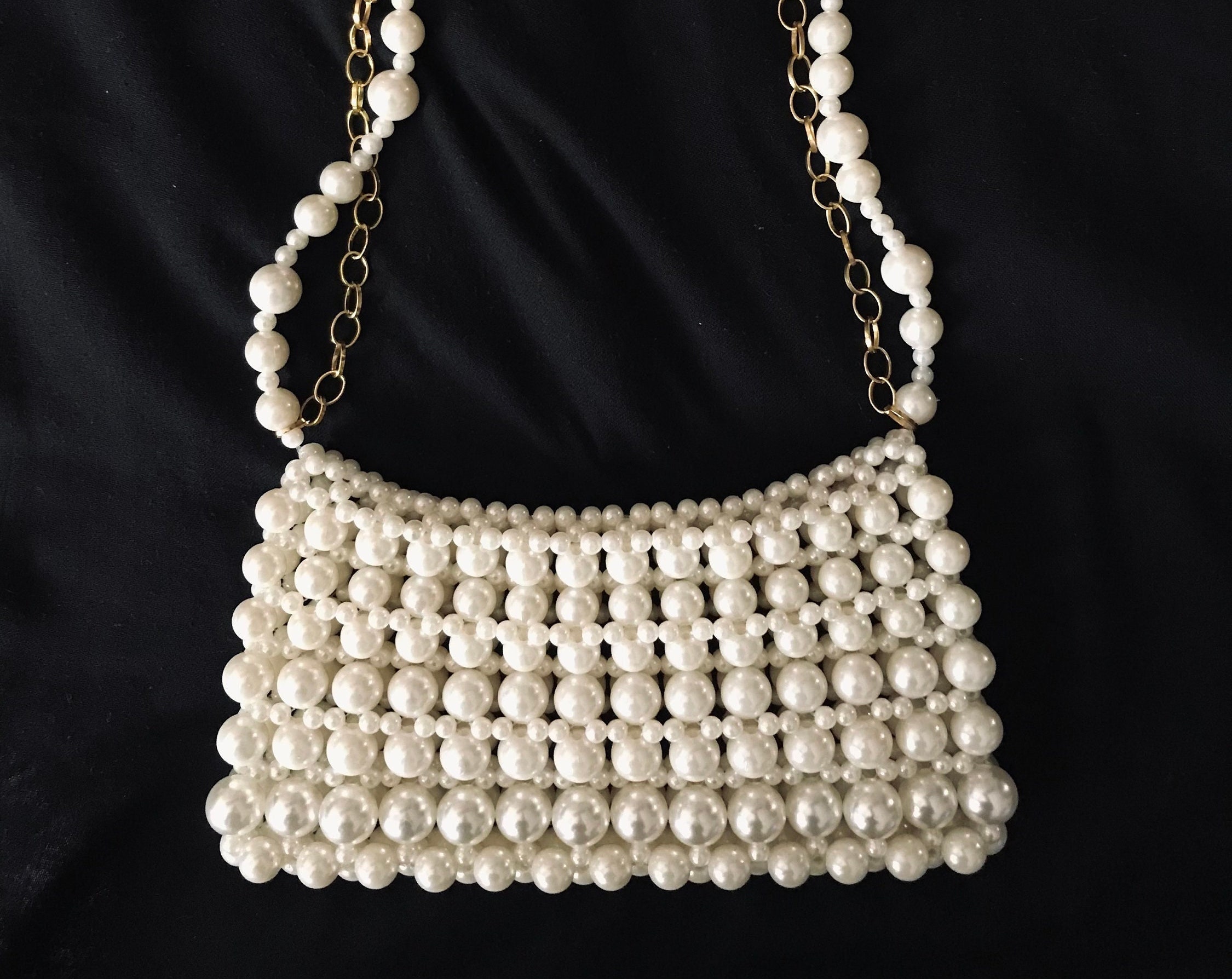 Ivory Pearl Beaded Shoulder Bag with Gold Chain Strap, Approx. 9.1" x 5.5"