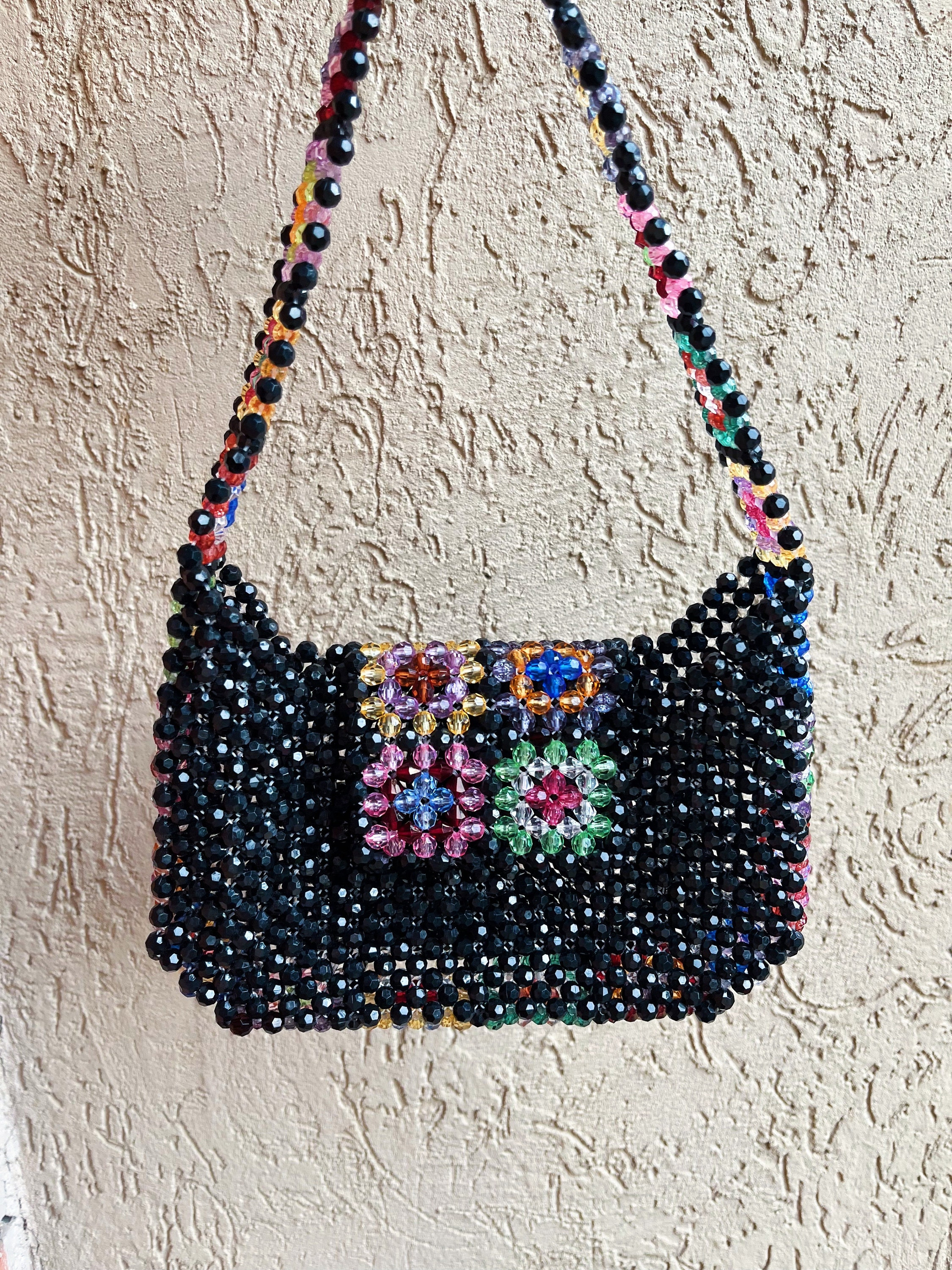 Black Floral Beaded Shoulder Bag with Multicolor Strap, Approx. 9.1" x 5.9"