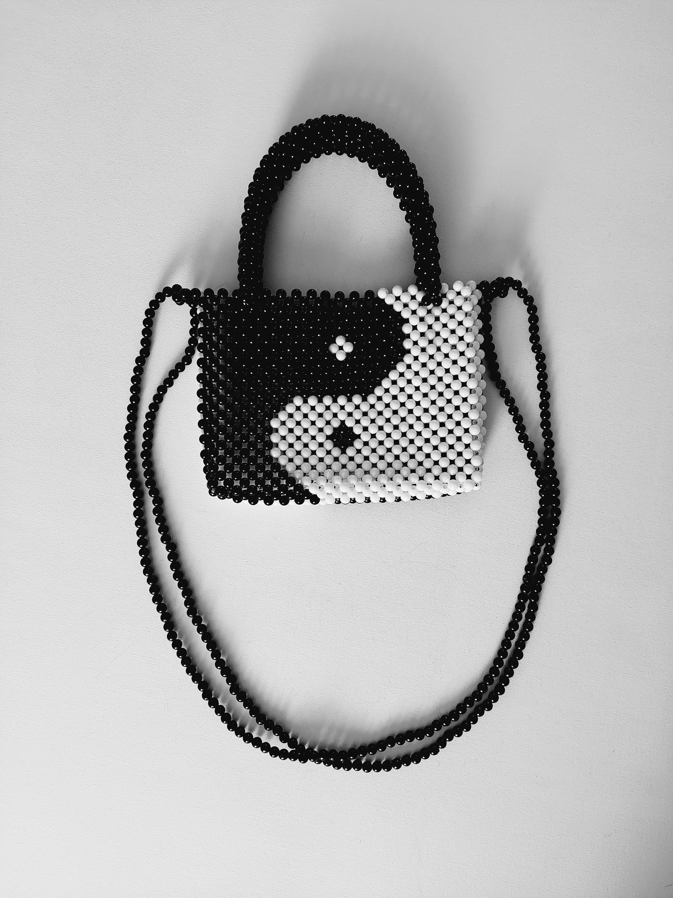 Black White Panda Beaded Crossbody Handbag with Top Handle, Approx. 7.9" x 6.3"