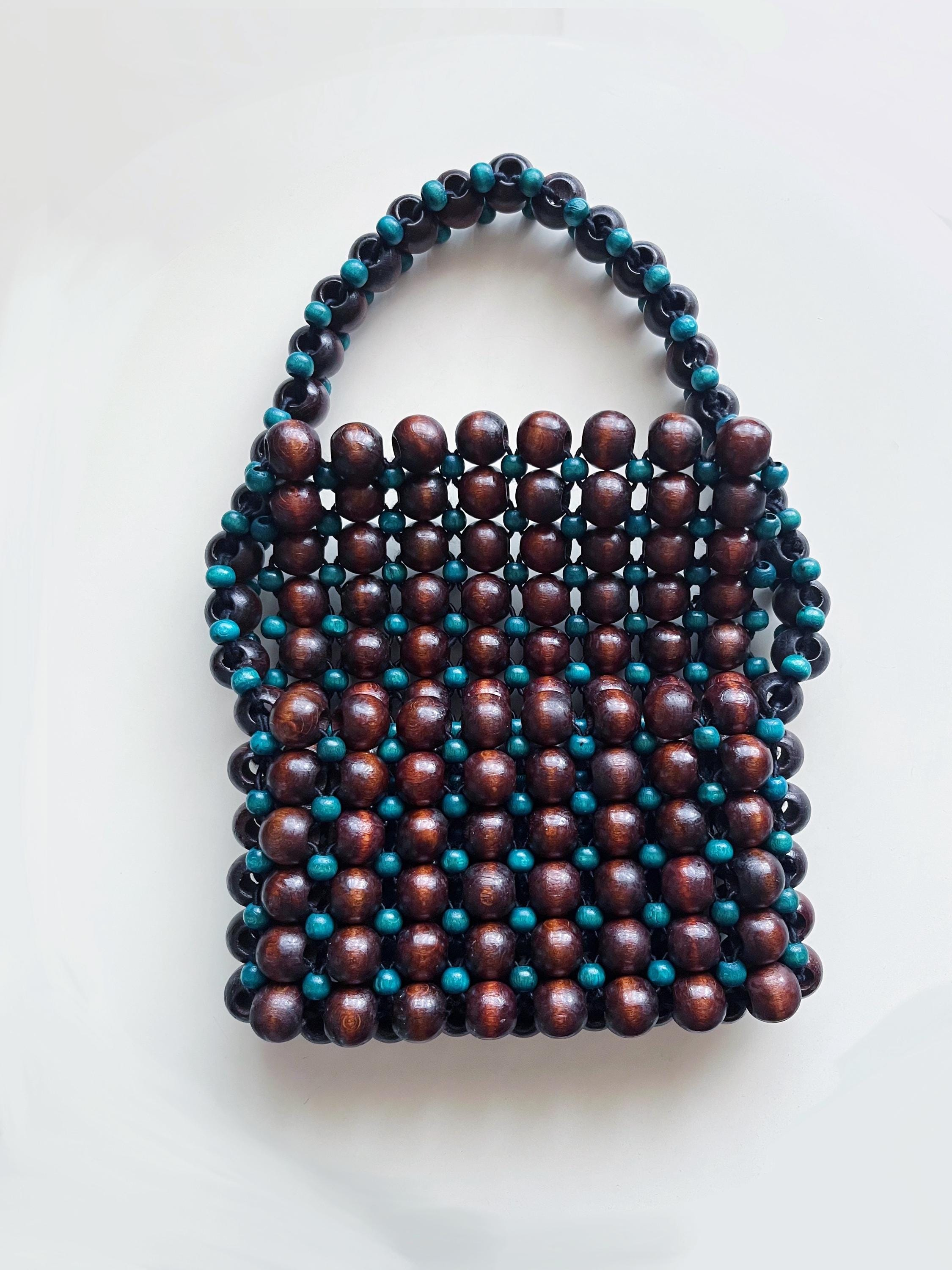 Brown Blue Two-Tone Beaded Shoulder Bag, Approx. 7.9" x 5.9"