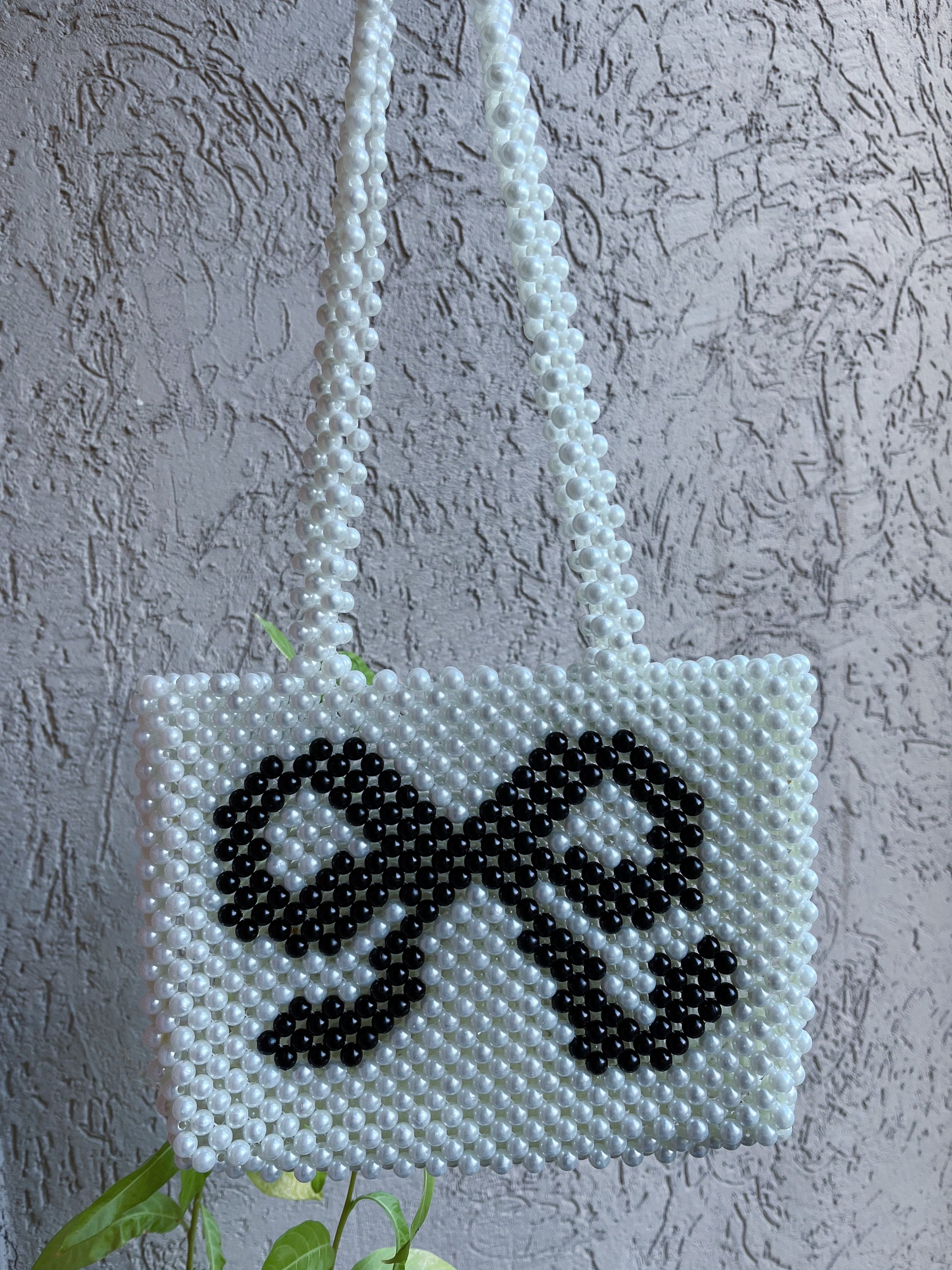 White Pearl Beaded Tote Bag with Black Bow Pattern, Approx. 8.7" x 9.1"