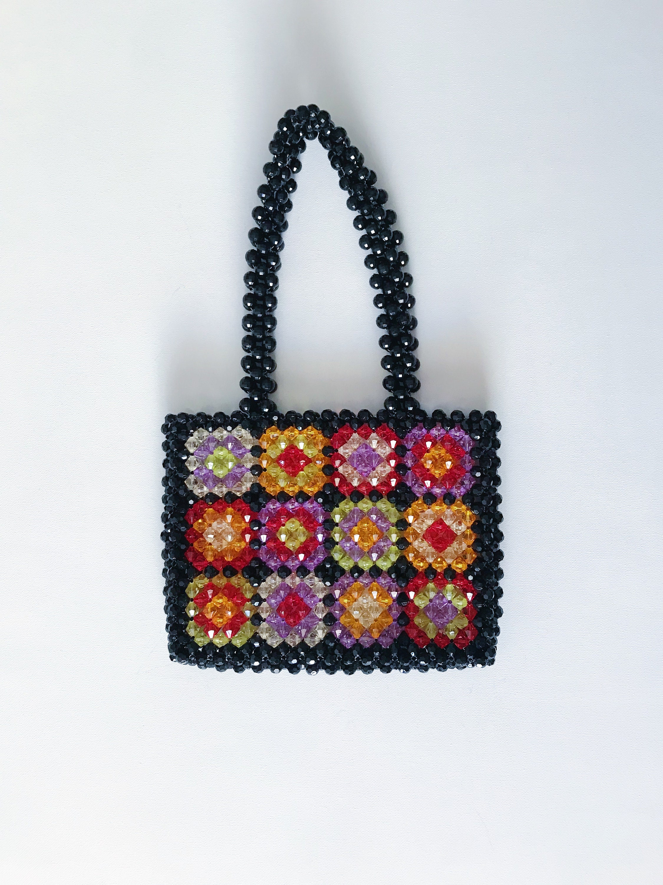 Black Floral Granny Square Beaded Tote Bag, Approx. 8.7" x 7.9"