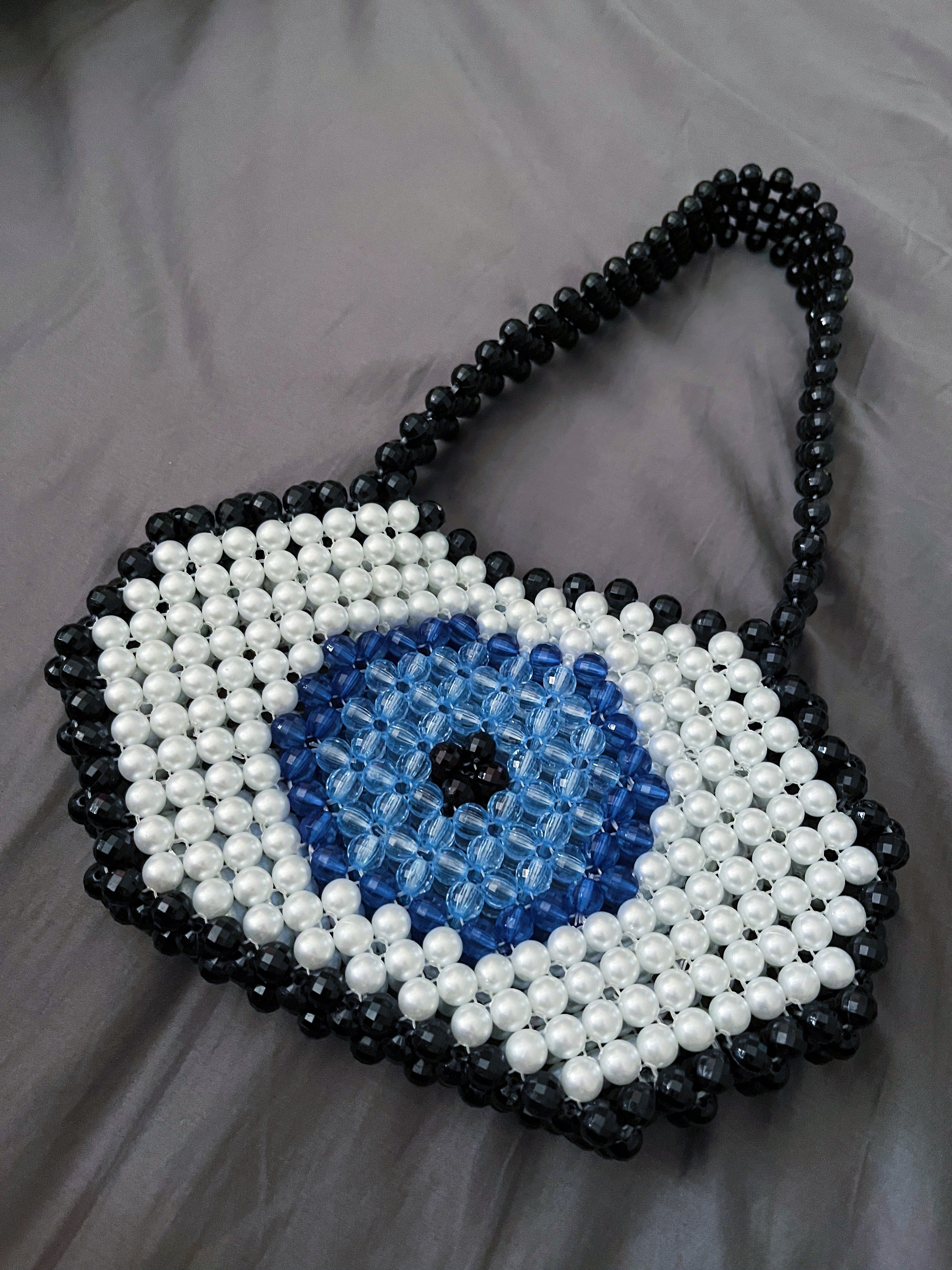 Black White Blue Evil Eye Beaded Shoulder Bag, Approx. 8.7" x 5.1"