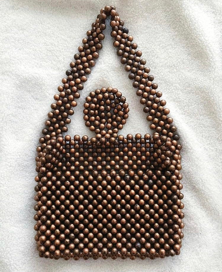 Vintage Bronze Beaded Handbag with Ring Detail, Approx. 9.1" x 8.3"